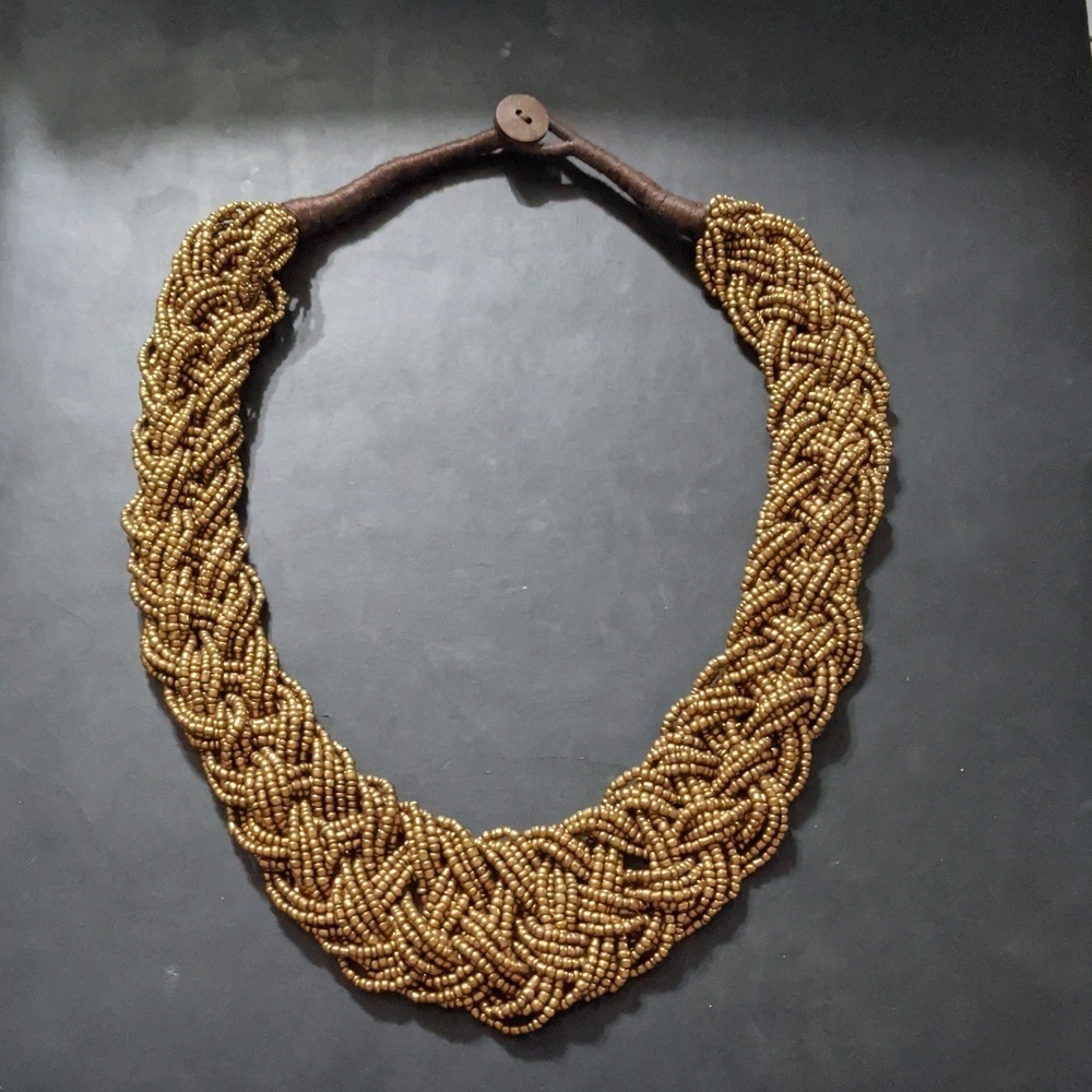 BRONZE Brown Tone Braided Beaded Collar Style Statement Necklace